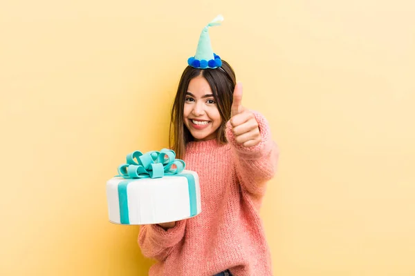 Pretty Hispanic Girl Feeling Proud Smiling Positively Thumbs Birthday Concept — Stock Photo, Image