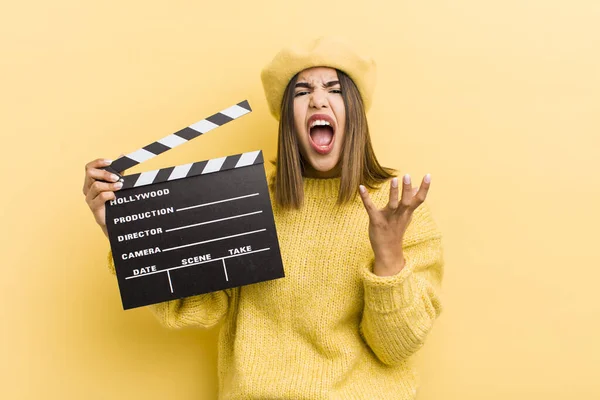 Pretty Hispanic Girl Looking Desperate Frustrated Stressed Cinema Concept — Stock Photo, Image