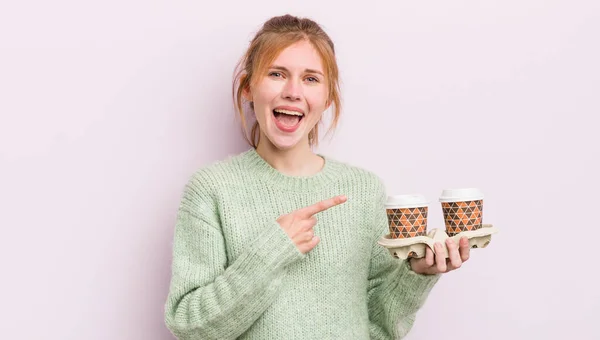 Redhead Pretty Girl Looking Excited Surprised Pointing Side Take Away — Stock Photo, Image