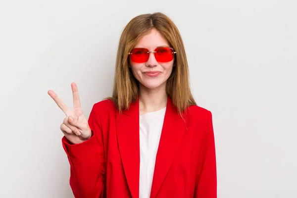 Redhead Pretty Girl Smiling Looking Friendly Showing Number Two — Stock Photo, Image