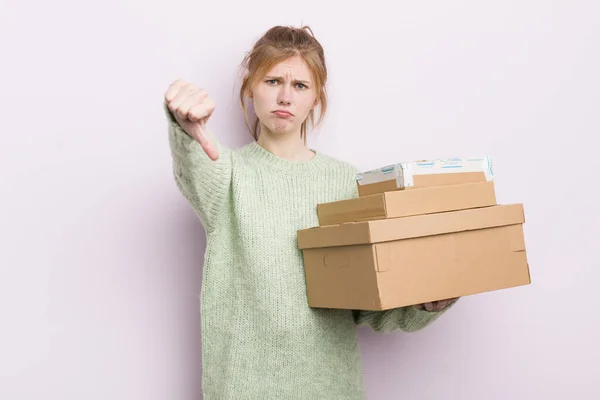 Redhead Pretty Girl Feeling Cross Showing Thumbs Shipping Boxes Concept — Stock Photo, Image