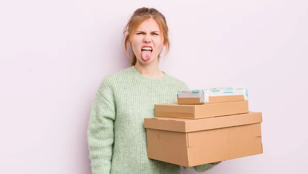 Redhead Pretty Girl Feeling Disgusted Irritated Tongue Out Shipping Boxes — Stock Photo, Image