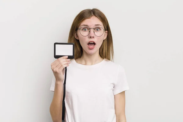 Redhead Pretty Girl Looking Very Shocked Surprised Vip Pass Concept — Stock Photo, Image