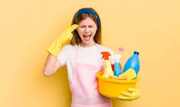 Redhead Pretty Girl Looking Unhappy Stressed Suicide Gesture Making Gun — Stock Photo, Image