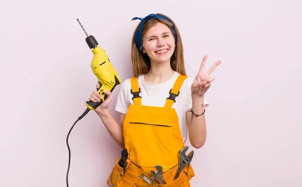 Redhead Pretty Girl Smiling Looking Happy Gesturing Victory Peace Home — Stock Photo, Image