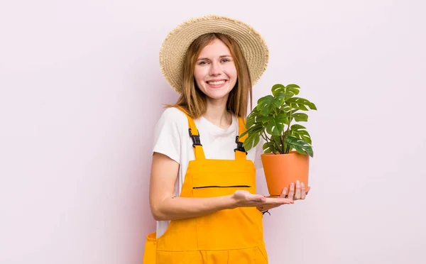 Redhead Pretty Girl Smiling Cheerfully Feeling Happy Showing Concept Plant — Stock Photo, Image