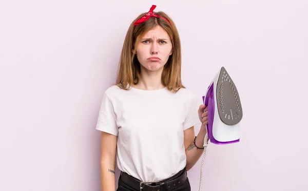 Redhead Pretty Girl Feeling Sad Whiney Unhappy Look Crying Housekeeper — Stock Photo, Image