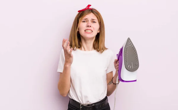 Redhead Pretty Girl Looking Desperate Frustrated Stressed Housekeeper Concept — Stock Photo, Image