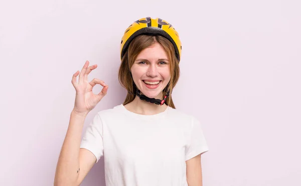 Redhead Pretty Girl Feeling Happy Showing Approval Okay Gesture Bike — Stock Photo, Image