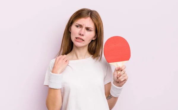 Zrzka Hezká Dívka Pocit Stresu Úzkosti Unavený Frustrovaný Ping Pong — Stock fotografie
