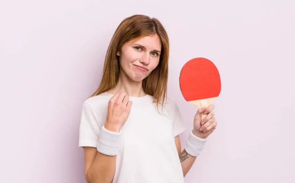 Redhead Pretty Girl Looking Arrogant Successful Positive Proud Ping Pong — Stock Photo, Image
