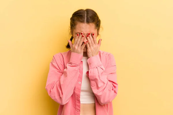Young Pretty Woman Feeling Sad Frustrated Nervous Depressed Covering Face — Stock Photo, Image