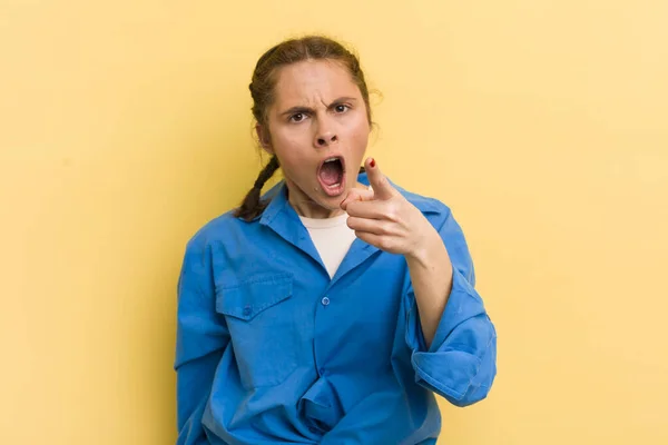 Young Pretty Woman Pointing Camera Angry Aggressive Expression Looking Furious — Stock Photo, Image