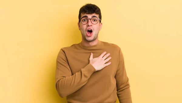 Young Handsome Man Feeling Shocked Astonished Surprised Hand Chest Open — Stock Photo, Image