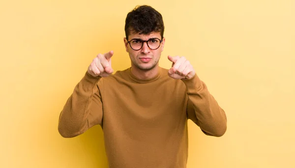 Young Handsome Man Pointing Forward Camera Both Fingers Angry Expression — Stock Photo, Image