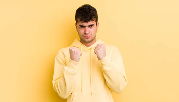 Young Handsome Man Looking Confident Angry Strong Aggressive Fists Ready — Stock Photo, Image