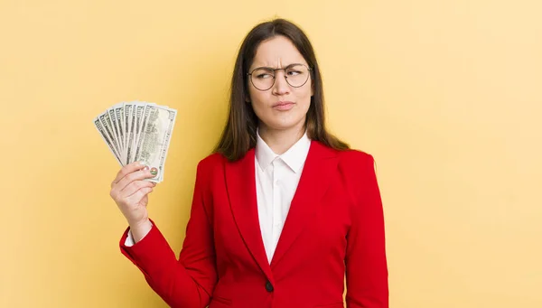 Young Pretty Woman Feeling Sad Upset Angry Looking Side Money — Stock Photo, Image