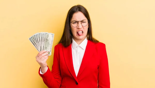 Young Pretty Woman Feeling Disgusted Irritated Tongue Out Money Concept — Stock Photo, Image