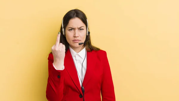 Young Pretty Woman Feeling Angry Annoyed Rebellious Aggressive Telemarketer Concept — Stock Photo, Image