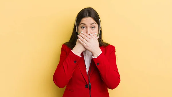 Young Pretty Woman Covering Mouth Hands Shocked Telemarketer Concept — Stock Photo, Image