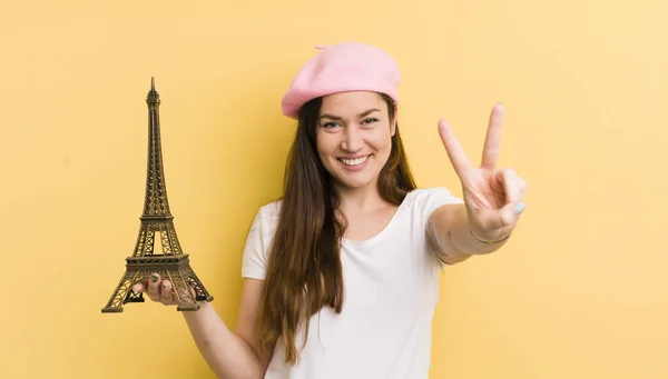 Young Pretty Woman Smiling Looking Happy Gesturing Victory Peace Paris — Stock Photo, Image