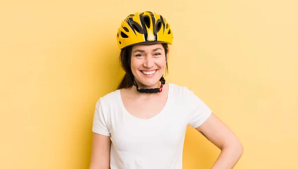 Young Pretty Woman Smiling Happily Hand Hip Confident Bike Helmet — Zdjęcie stockowe