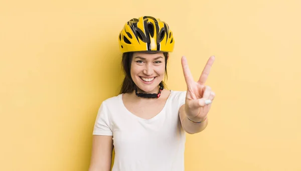 Young Pretty Woman Smiling Looking Happy Gesturing Victory Peace Bike — Zdjęcie stockowe