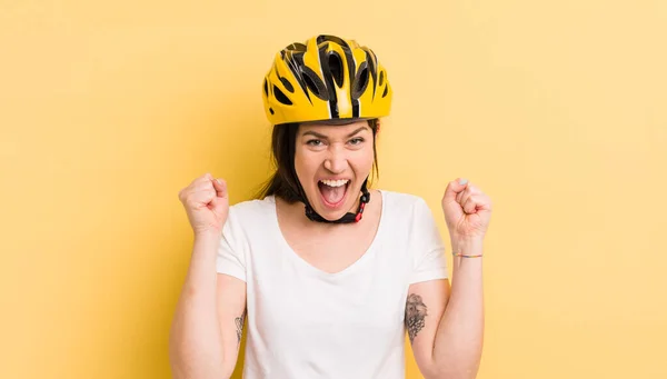 Young Pretty Woman Feeling Shocked Laughing Celebrating Success Bike Helmet — Zdjęcie stockowe