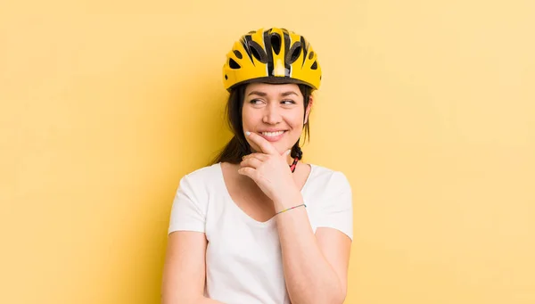 Young Pretty Woman Smiling Happy Confident Expression Hand Chin Bike — Zdjęcie stockowe