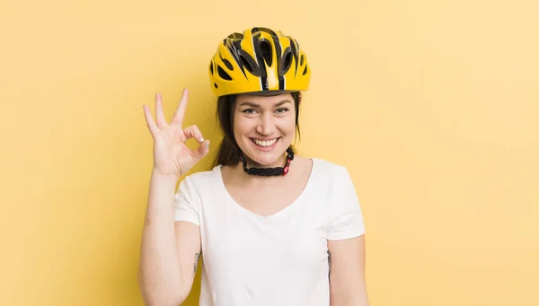 Young Pretty Woman Feeling Happy Showing Approval Okay Gesture Bike — Zdjęcie stockowe