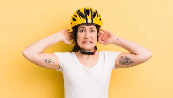 Young Pretty Woman Feeling Stressed Anxious Scared Hands Head Bike — Stockfoto