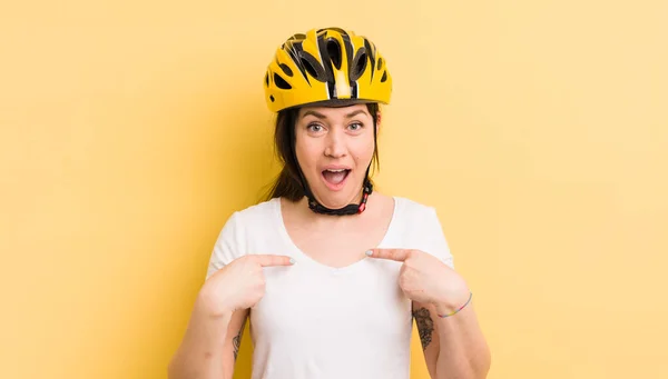 Young Pretty Woman Feeling Happy Pointing Self Excited Bike Helmet — Stockfoto