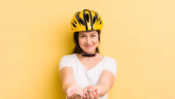 Young Pretty Woman Smiling Happily Friendly Offering Showing Concept Bike — Zdjęcie stockowe