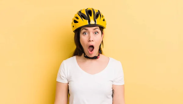 Young Pretty Woman Looking Very Shocked Surprised Bike Helmet Concept — Foto de Stock