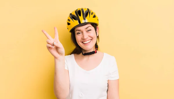 Young Pretty Woman Smiling Looking Friendly Showing Number Two Bike — Stock Photo, Image