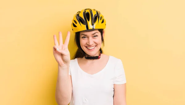 Young Pretty Woman Smiling Looking Friendly Showing Number Three Bike — Stock Photo, Image