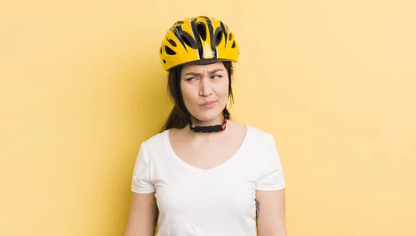 Young Pretty Woman Feeling Sad Upset Angry Looking Side Bike — Zdjęcie stockowe