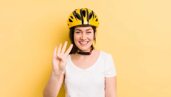 Young Pretty Woman Smiling Looking Friendly Showing Number Four Bike — Zdjęcie stockowe