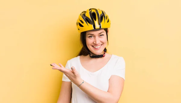 Young Pretty Woman Smiling Cheerfully Feeling Happy Showing Concept Bike — Foto de Stock