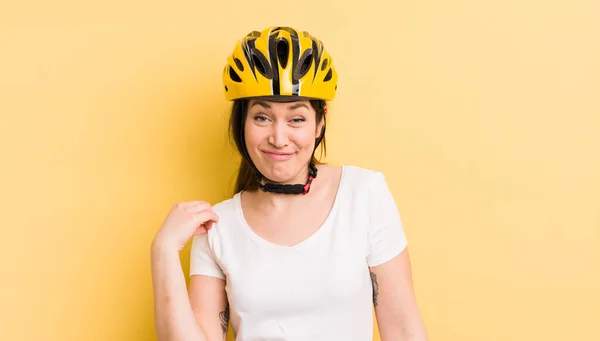 Young Pretty Woman Looking Arrogant Successful Positive Proud Bike Helmet — Zdjęcie stockowe