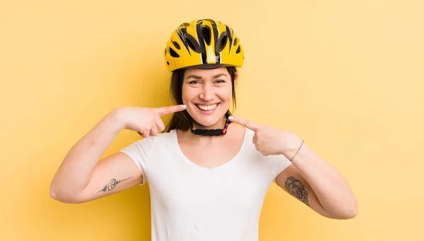 Young Pretty Woman Smiling Confidently Pointing Own Broad Smile Bike — Stock Photo, Image