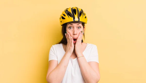 Young Pretty Woman Feeling Shocked Scared Bike Helmet Concept — Stockfoto