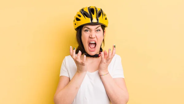 Young Pretty Woman Looking Desperate Frustrated Stressed Bike Helmet Concept — Zdjęcie stockowe