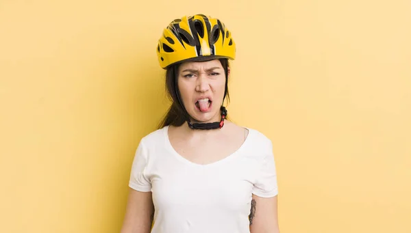 Young Pretty Woman Feeling Disgusted Irritated Tongue Out Bike Helmet — Zdjęcie stockowe