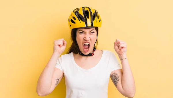 Young Pretty Woman Shouting Aggressively Angry Expression Bike Helmet Concept — Stockfoto