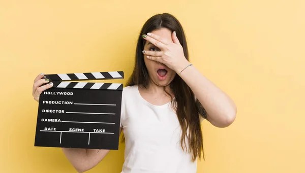 Young Pretty Woman Looking Shocked Scared Terrified Covering Face Hand — Stock Photo, Image