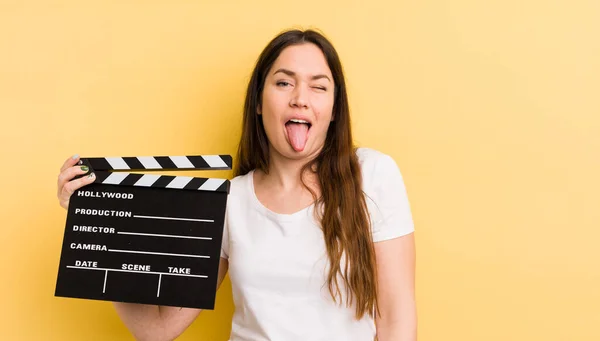 Young Pretty Woman Cheerful Rebellious Attitude Joking Sticking Tongue Out — Stock Photo, Image