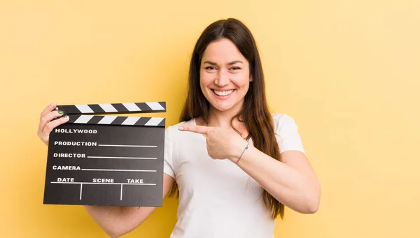 Young Pretty Woman Smiling Cheerfully Feeling Happy Pointing Side Cinema — Stock Photo, Image