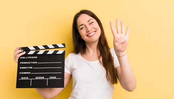 Young Pretty Woman Smiling Looking Friendly Showing Number Four Cinema — Stock Photo, Image