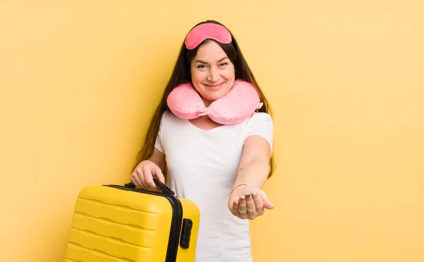 Young Pretty Woman Smiling Happily Friendly Offering Showing Concept Flight — Stock Photo, Image
